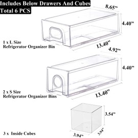 6 PCS Refrigerator Organizers And Storage Stackable Storage Drawers, Large Heavy Duty Fridge Organizer Bins Pull Out Refrigerator Organizer Bins, White Handle, 3 Drawers And 3 Small Cubes
