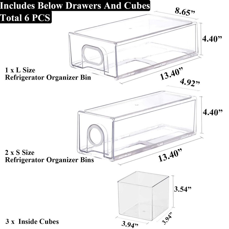 6 PCS Refrigerator Organizers And Storage Stackable Storage Drawers, Large