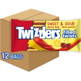 TWIZZLERS Filled Twists Sweet and Sour Licorice Style, Chewy Candy Bags, 11 oz (12 Count)