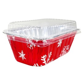PACTOGO Disposable 1 lb. Red Holiday Christmas Aluminum Foil Small Mini Loaf/Bread Baking Pans with Clear Dome Lids (Pack of 12 Sets)
