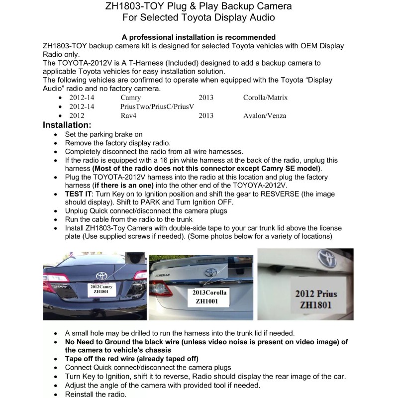 AAT Backup Camera Kit For Toyota Camry, Prius, Rav4, Corolla