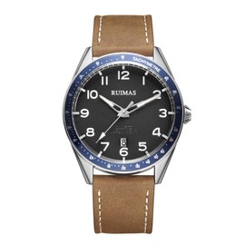 RUIMAS Men's Watch Fashion Japanese Quartz Watch Leather Band Black Men Waterproof Watch, silver khaki, Classic