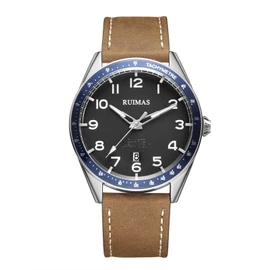 RUIMAS Men's Watch Fashion Japanese Quartz Watch Leather Band Black Men Waterproof Watch, silver khaki, Classic