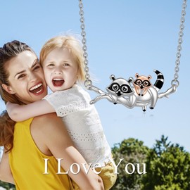 TIGER RIDER Raccoon Necklace 925 Sterling Silver Cute Animal Double Raccoon Necklaces Pendant Christmas Birthday Mothers Day Jewelry Gifts for Women Mom
