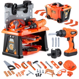 ZEALOUS TOYS Kids Tool Bench-Zealous 79pcs Transformable Set, Toddler Workbench Toy with Electric Drill, Pretend Construction Playset for Boys Girls Age 3+, Orange & Black, HB3222-3