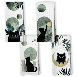 Zeuiwr Boho Black Cat Kitchen Towels Set of 4, Sage Green Mid Century Modern Abstract Botanical Decorative Hand Towel for Bathroom, Black Cat Gifts Dish Tea Towels for Kitchen Decor, 16x24 Inch