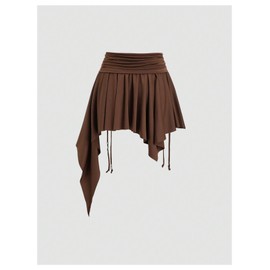 Milumia Women's Ruched Drawstring Short Skirt Y2k Pleated Asymmetrical Hem Mini Skirts Brown Medium