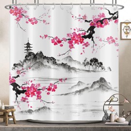 Hnmdmyi Cherry Blossom Shower Curtain 180x200, Asian Japanese Style Pink Flower Shower Curtains Watercolor Mountain Art Bathroom Curtains Waterproof Polyester Fabric Washable Bath Curtains with Hooks