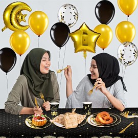 Bdecoll 24 Guests 96 Pieces Black Gold Ramadan Eid Mubarak Party Tableware, Ramadan Festival Theme Tableware Plates, Cups, Napkins, Purple and Gold Star Moon Motif, Perfect for Eid Ramadan Party