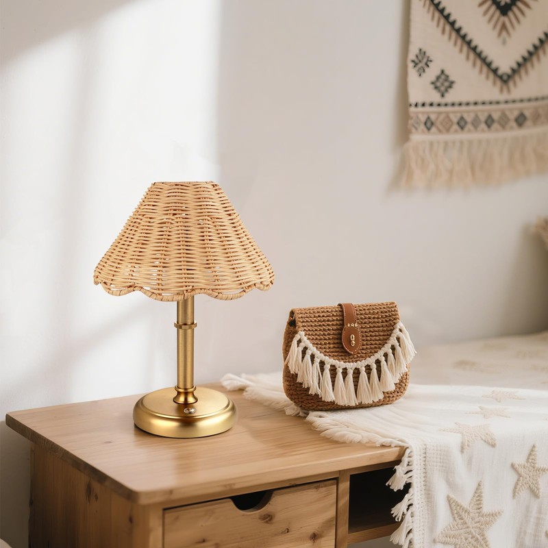Folux Mini Cordless Boho Rattan Table lamp, 5200-mAh Rechargeable Battery,