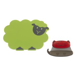 Kuhn Rikon Kinderkitchen Kids Cutting Set, 2 Pieces, Green/Black/Red | Sheep Cutting Board & Cat Mezzaluna Knife With Blade Protector | Child-Friendly Cutting Tools for Real Cooking