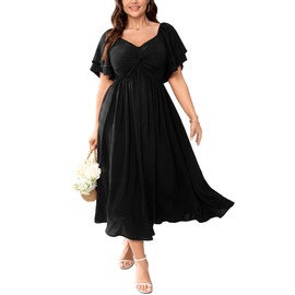 SCOMCHIC Women's Plus Size Wedding Guest Cocktail Dresses Sweetheart Neckline Ruffle Sleeve A Line Maxi Dress Black