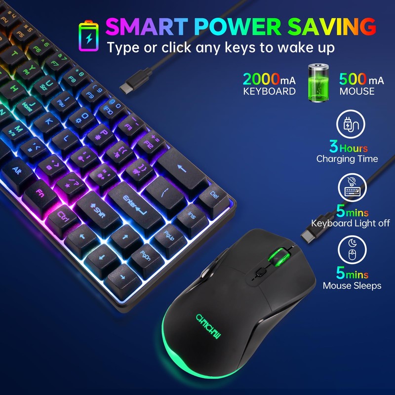 CHONCHOW 60% Wireless Gaming Keyboard and Mouse Combo,LED Backlit Rechargeable