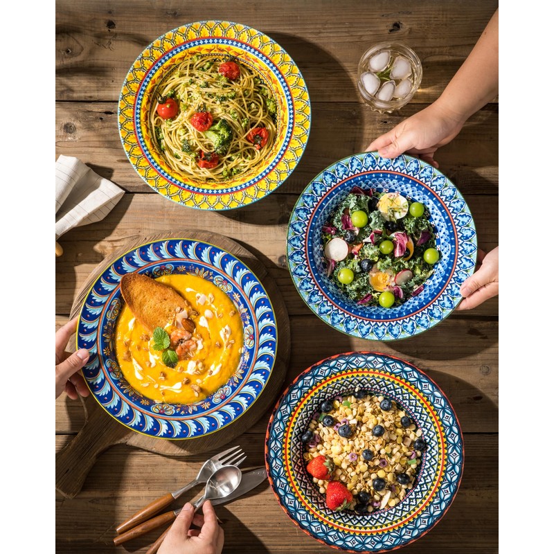 Soup and Pasta Bowls/Plates Set of 4-18 Oz Wide Rim,