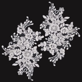 GORGECRAFT 2Pcs Pearl Flower Embroidery Lace Patches 3D Floral Pattern White Floral Pattern Embroidered Appliques Sew On Lace Fabric Trim For Headwear Clothing Bridal Accessories
