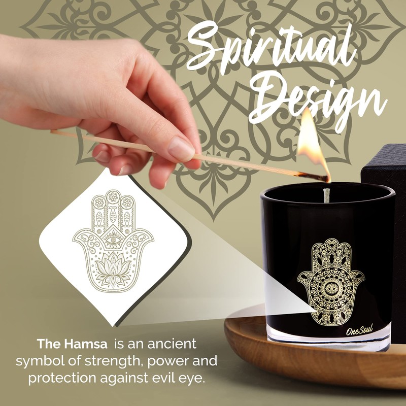 Vela aromática de ámbar marroquí con diseño de hamsa, cera