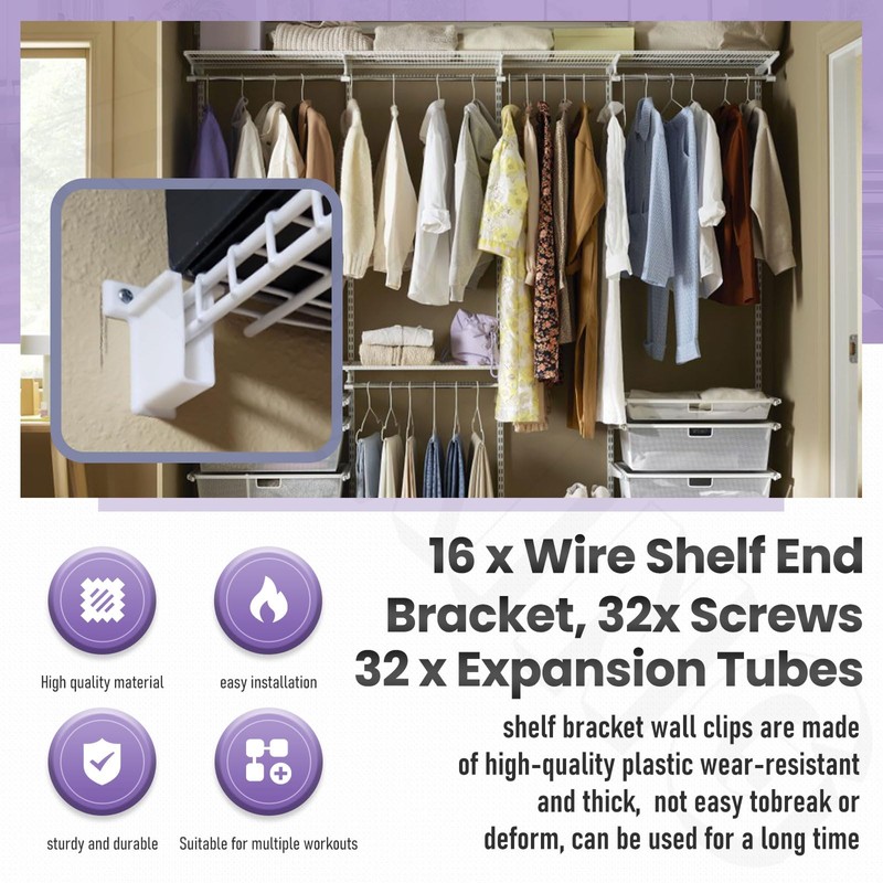 16 Pack Wire Shelf End Bracket, White Plastic Closet Shelves
