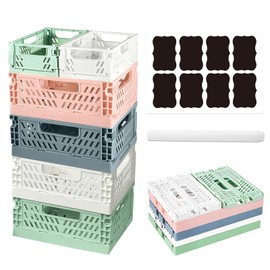 Ruucy 6 Pcs Collapsible Storage Crates, 4 Pcs Plastic Crates 20x15x9cm + 2 Pcs Mini Foldable Crates 15x10x5.8cm + White Marker + Sticker, Pastel Crates Desktop Storage Box for Office Kitchen Bathroom
