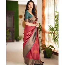 C J Enterprise Women's Pure Banarasi Silk Saree Kanjivaram Style Saree With Blouse Piece For Wedding (Navya Sathiya), Maroon, One Size