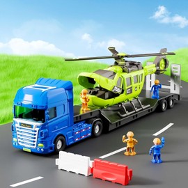 ZUKULIFE Truck Trailer Toys, Toddler Vehicles Semi Truck Toy with Wind up Windmill, Construction Engineer Learning Educational Cool Toy, Birthday Gifts (Helicopter Trailer)