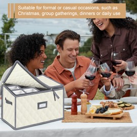 VERONLY Christmas Stemware Storage Cases with Dividers- Holds 12 Wine Glass Storage or Crystal Glassware Containers, China Storage Containers with 2 Handles and Label Window -Set of 1 Beige