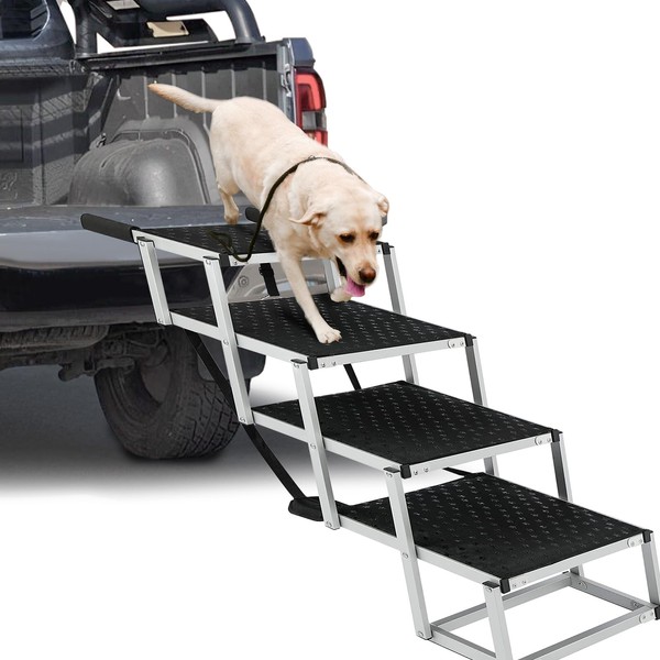 LUFFWELL 19.2” Extra Wide Dog Car Stairs, Foldable Dog Car Ramp with Nonslip Surface for Cars, Truck and SUV, Lightweight Dog Steps for Large Dogs Support Up to 250LBS (4 Steps Wide)