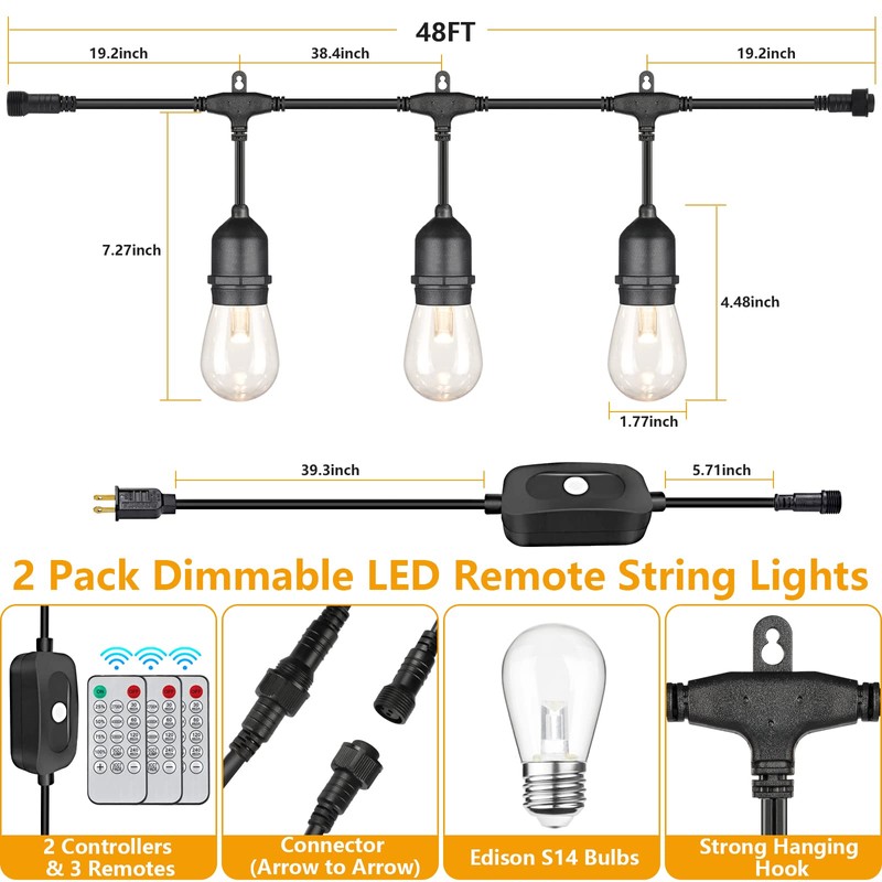 Mlambert 96Ft(2x48ft) 3-Color in 1 48Ft LED Dimmable Outdoor String