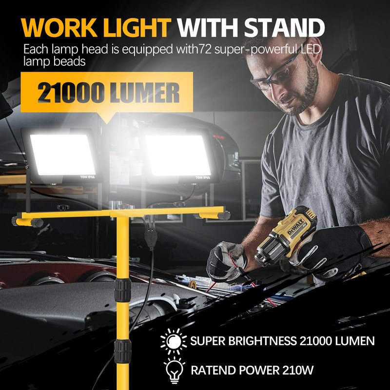 Work Lights with Stand, 21000 Lumen, 2 Adjustable Heads LED
