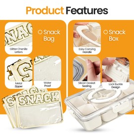 Divided Serving Tray with Lid and Handle, Portable Snack Containers, Travel Snack Organizer(8 Compartments), 2 Pcs Snacks Bag with Zipper, Chenille Letter Clear Flat Pouch