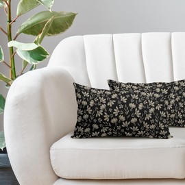 Vintage Flower Lumbar Pillow Covers 12x20 Set of 2 Rustic Old Style Cute Small Floral Black Cream Decorative Throw Pillows Outdoor PillowCase Farmhouse Linen Long Cushion Case Decor for Sofa Couch Bed