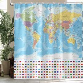 Aeivice World Map Shower Curtain, Funny World Map National Educational Shower Curtain Set, Kids Boys Girls Geography Fabric Shower Curtain for Bathroom with 12PCS Hooks 72X72IN
