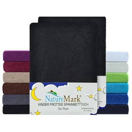 NatureMark Pack of 2 Children's Terry Fitted Sheets, Cuddly Soft, for Baby Cot and Cot, 70 x 140 cm, Black