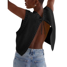 Cioatin Women Y2K Backless Tie Up Knit Crop Sweater Vest Sleeveless Round Neck Split Open Back Pullover Summer Tank Tops Black