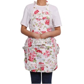 Madiy Kitchen Aprons for Women with Pockets, Long Adjustable Waist Ties and Neck Strap, 20.5" x 29" (Width 20.5" x Length 29", White Flower)