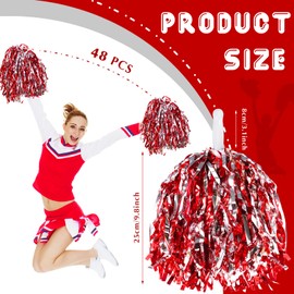 VAIPI 48 Pack Cheerleading Pom Poms Kit with Baton Handle Metallic Foil Squad Team Spirited Fun Cheer Pom Poms Bulk for Kids Adults Cheerleader Gifts Team Spirit Sports Dance Game Party (Red & Sliver)