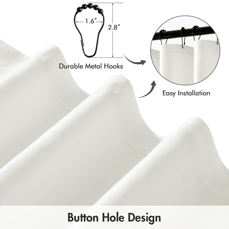 ANRODUO Fabric Shower Curtain with 12 Metal Hooks, White Cloth