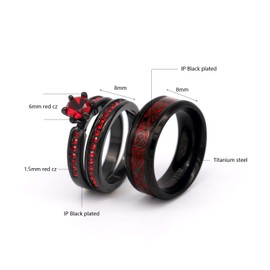 ringheart 2 Rings His and Hers Couple Rings Red Cz Rings Womens Wedding Ring Sets Titanium Steel Mens Wedding Bands