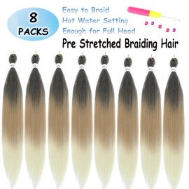Atatoray Pre Stretched Braiding Hair T1b/27/613 Yaki Straight 26inch 8 Packs Crochet Braiding Hair Hot Water Setting Synthetic Hair Extension for Braids (Ombre T1b/27/613, 26inch)