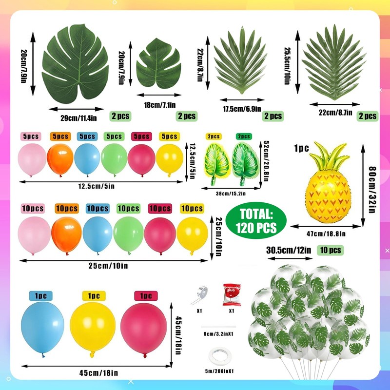 120Pcs Tropical Party Decorations - Hawaiian Balloons, Tropical Balloons &