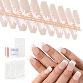 120Pcs 5 Packs V French Tips Natural Nude Press on Nails Glossy Nail Art Tips Squoval False Nails Salon Manicure Kits Reusable Acrylic Nails Fake Fingernails for Women Girl with Jelly Glue Tabs