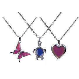 3pcs Temperature Sensing Color Changing Mood Necklace Set Turtle Butterfly Love Heart Shape Pendant Control Emotion Feeling Romantic Stainless Steel Chain Jewelry