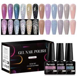 MTSSII Gel Polish Reflective Glitter Gel Nail Polish Set, 12 Colors Holographic Sparkle Glitter Gel, Flash Diamond Sliver Gold Black Red UV LED Soak Off Manicure Kit Gift for Women Girls