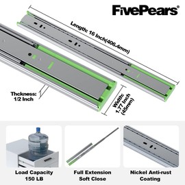 FivePears 1 Pairs 16 Inch Heavy Duty Soft Close Drawer Slides, 150 Lb Load Capacity Full Extension Ball Bearing Side Mount Drawer Runner, Rv Tool Box Kitchen Cabinet Drawer Self Closing Glide Rails
