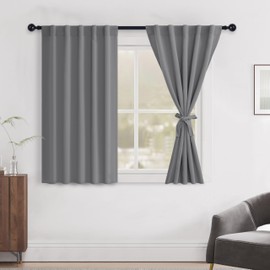 Hiasan Short Grey Curtains 45 inch Long, Light Blocking Thermal Insulated Rod Pocket & Back Tab Blackout Drapes Sewn with Tiebacks for Nursery Bedroom Dining Living Room, 42-inch Wide, 2 Pieces