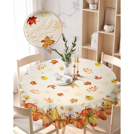 Fall Tablecloth Thanksgiving Round Tablecloth 54 Inch, Burnt Orange Pumpkin Fabric Table Cloth Round Covers Waterproof Oilcloth, Autumn Washable Vinyl Tablecloths for Holiday, Dining, Party, Camping