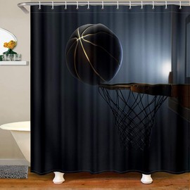 Cortinas de ducha impermeables para niños, diseño de pelota 3D, color negro, cortina de ducha para niños, adolescentes, hombres, juegos competitivos, baloncesto, cortina de ducha con ganchos, decoración temática deportiva, 188 x 211 cm