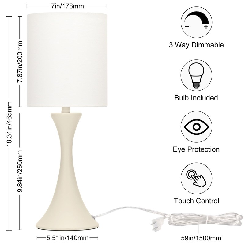 Dimmable Bedside Lamp, 3 Way Touch Control Table Lamp, Modern