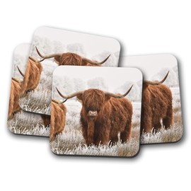 4 Set - Highland Cow Coaster - Cattle Scotland Hairy Fluffy Bull Fun #14591
