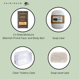 Clear Skincare Bundle: 2 SheaMoisture African Black Blemish Prone Soaps with Shimireum Soap Saver Pad, Soap Case and Clear Waterproof Toiletry Case
