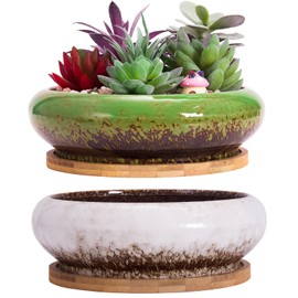 ARTKETTY Succulent Pots with Drainage, 2 Pack Large Succulent Planters Ceramic Bonsai Pots with Bamboo Trays, 7.3 Inch Round Shallow Pots for Indoor Cactus Flower Plants